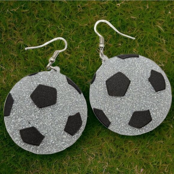 Soccer Ball Earrings Large Glitter Acrylic Dangle Pierced Sport Fan Jewelry - Picture 5 of 6